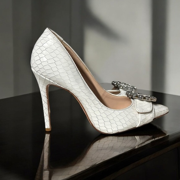 🌻NEW SCHUTZ Candy Rhinestone Croc Embossed White Leather Stiletto Size 6.5 - Picture 8 of 12